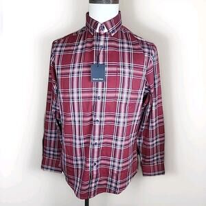 NEW Mizzen + Main City Flannel Twill Shirt Men’s MEDIUM Trim Garnet Thomas Plaid